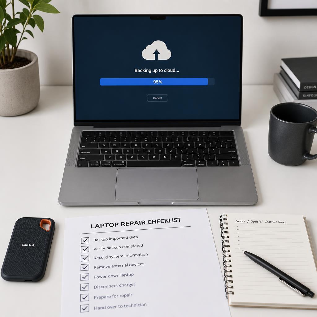Modern laptop showing a cloud backup progress bar beside a printed laptop repair checklist, external SSD and notepad on a clean white desk