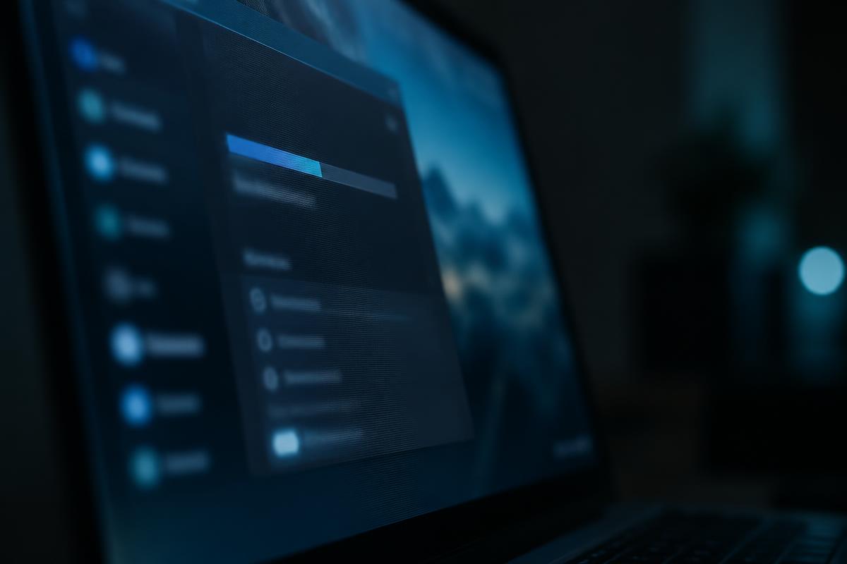 Close-up of a laptop screen showing a settings window and progress bar in a dimly lit room