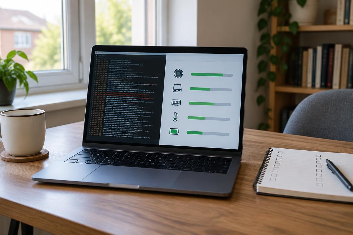 Laptop screen comparing software logs with device health checks