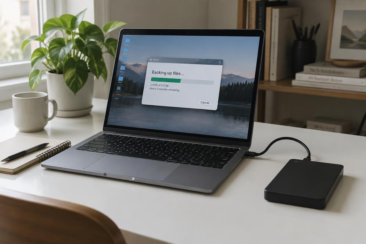 Laptop on a home office desk showing a file backup in progress, connected to an external hard drive
