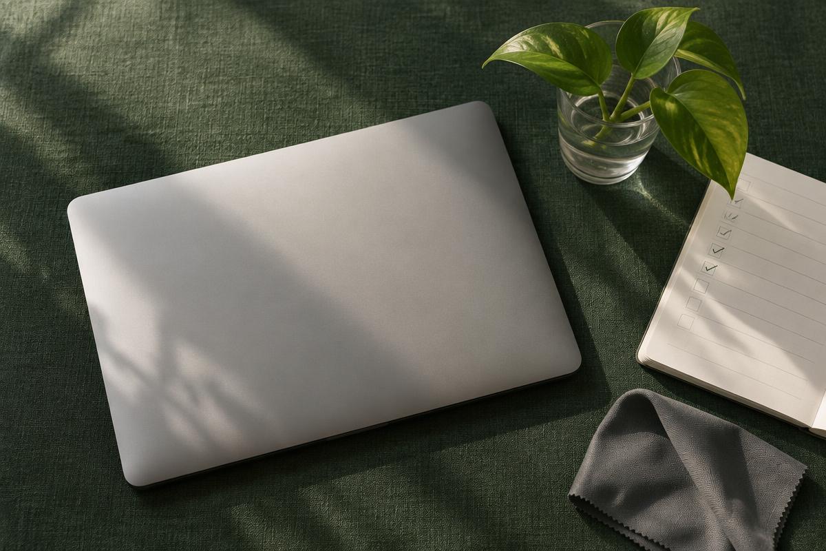Closed laptop on a green linen surface beside a cleaning cloth, plant and ticked checklist