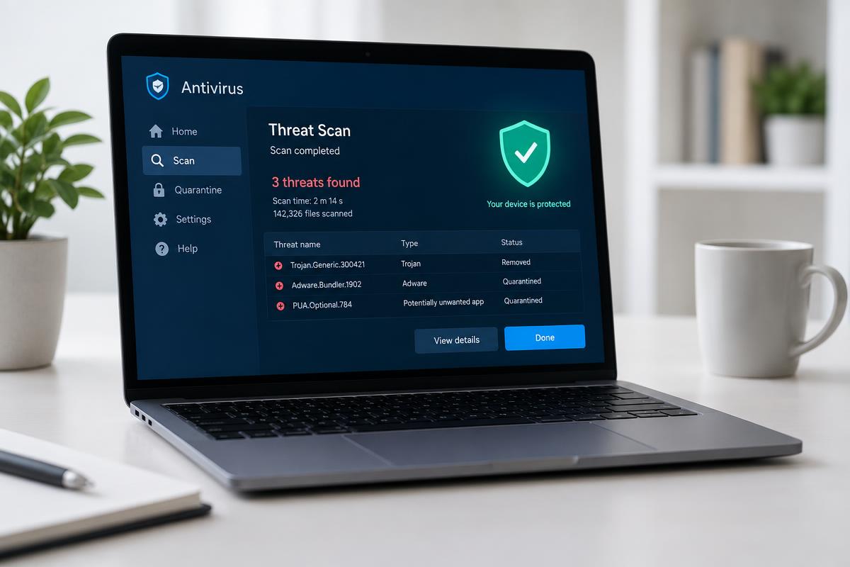 Laptop screen showing an antivirus threat scan with detected items quarantined