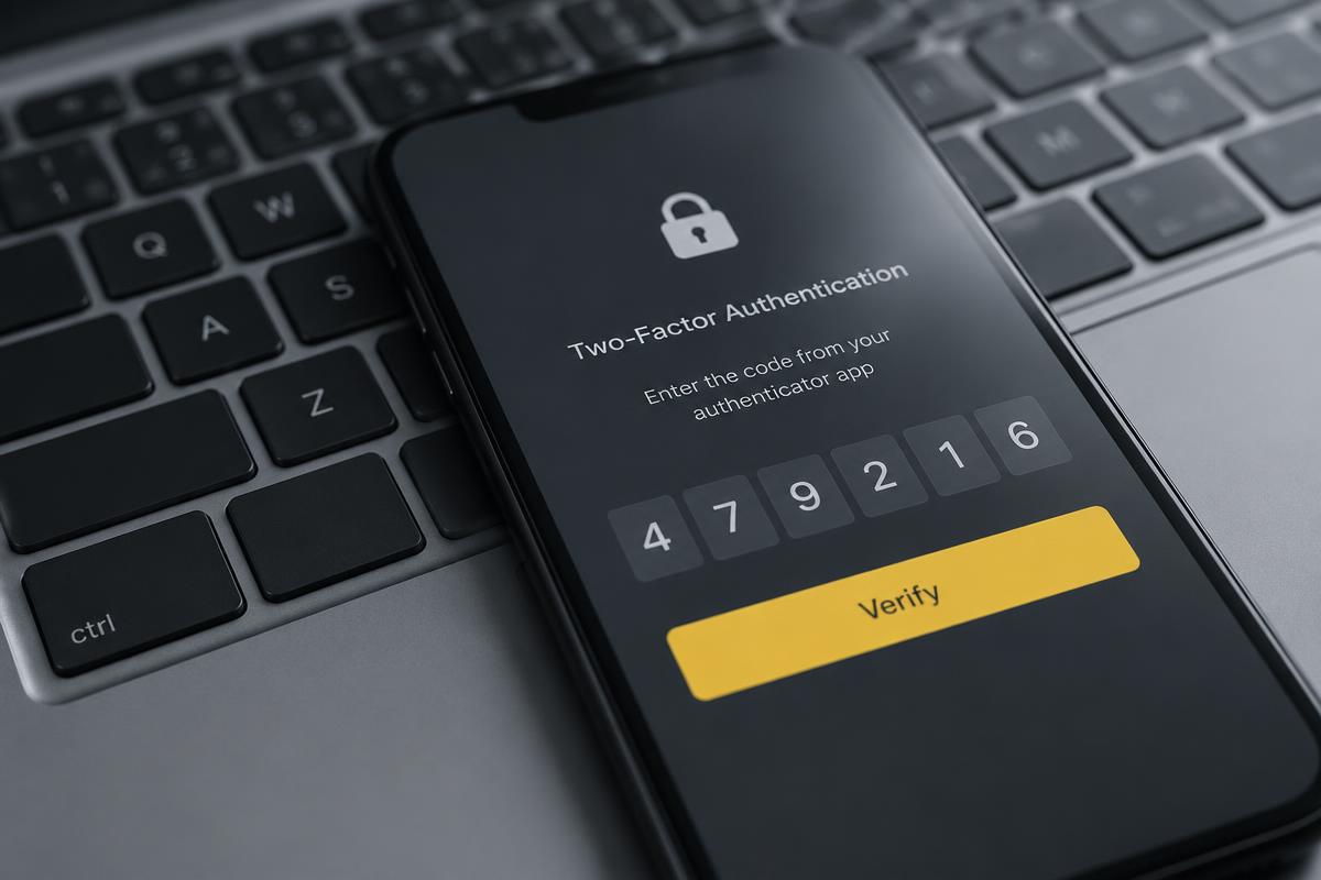 Smartphone showing a two-factor authentication code resting on a laptop keyboard