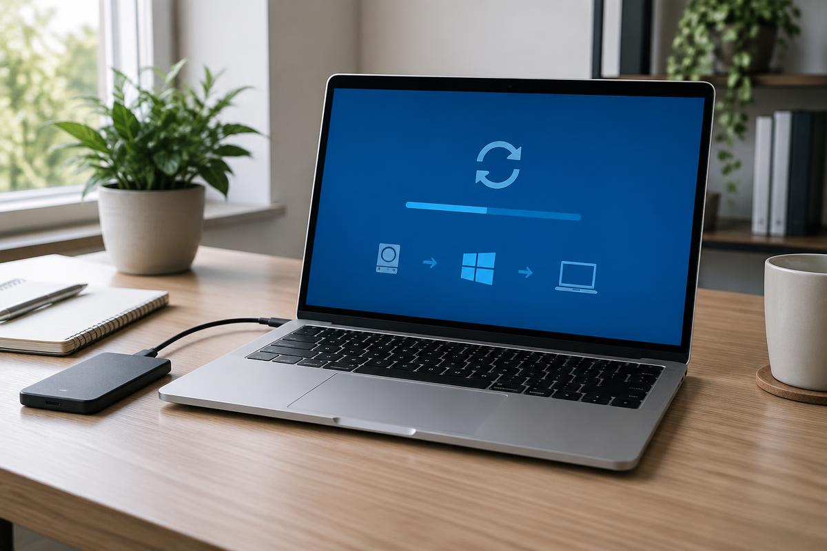 Laptop showing a Windows reinstall progress screen beside a backup drive