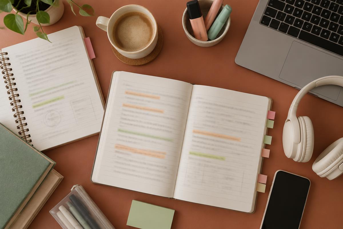 Overhead view of a student desk with revision notebooks, highlighters, headphones and a laptop