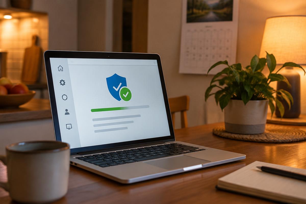 Laptop on a kitchen table at dusk showing a security update screen with a blue shield and green tick