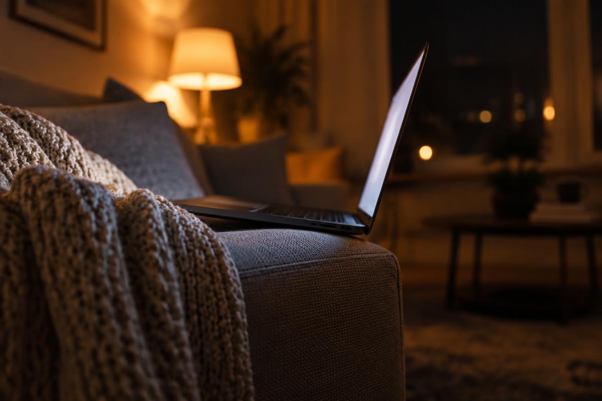 Laptop resting on a sofa arm in a cosy living room at night, lit by its screen